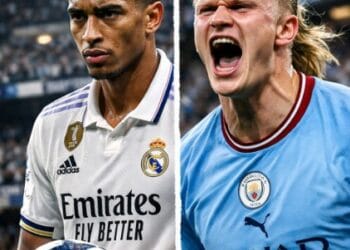 Ilustrasi pertarungan Jude Bellingham dan Erling Haaland dalam prediksi skor Real Madrid vs Man City