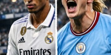 Ilustrasi pertarungan Jude Bellingham dan Erling Haaland dalam prediksi skor Real Madrid vs Man City