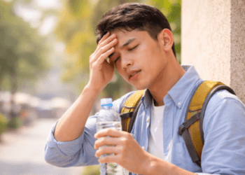Seseorang mengalami gejala pusing akibat paparan cuaca panas ekstrem di luar ruangan.