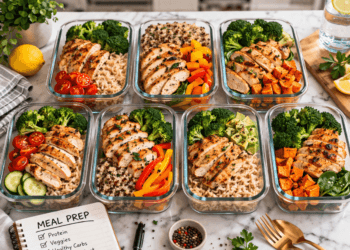 Tumpukan wadah makan berisi menu diet sehat seminggu sebagai persiapan meal prep