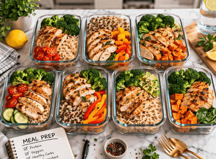 Tumpukan wadah makan berisi menu diet sehat seminggu sebagai persiapan meal prep