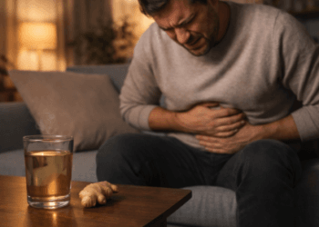 Seseorang sedang memegang perut karena perih sebagai ilustrasi tips mengatasi maag kambuh 2026