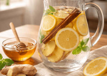 Gelas berisi minuman detoks lemak dari irisan lemon dan kayu manis sebagai resep alami 2026