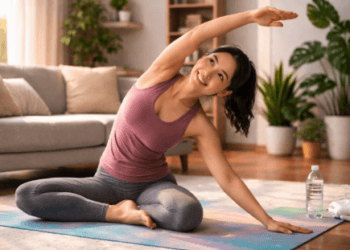 Seorang wanita sedang melakukan gerakan stretching sebagai bagian dari olahraga ringan di rumah 2026