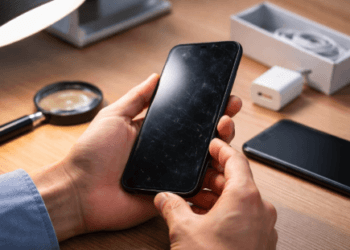 Seseorang sedang memeriksa kondisi layar HP bekas menggunakan aplikasi diagnosa sistem