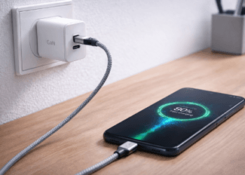 Kepala charger fast charging dengan dua lubang USB-C dan USB-A yang modern