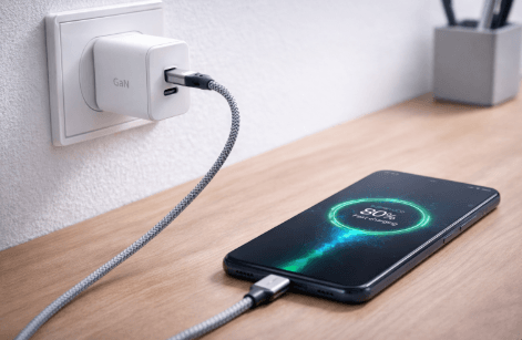 Kepala charger fast charging dengan dua lubang USB-C dan USB-A yang modern