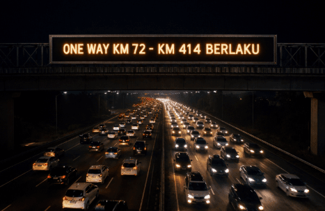 Papan informasi digital jadwal One Way dan Contraflow di jalan tol Trans Jawa 2026