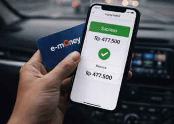Seseorang sedang menempelkan kartu e-Toll ke bagian belakang HP untuk cek saldo lewat NFC