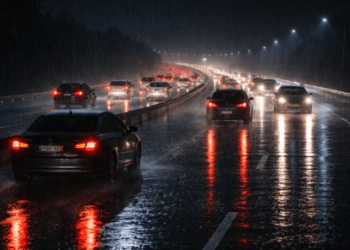 Kondisi mobil yang melaju pelan di tengah hujan lebat jalan tol sebagai peringatan waspada cuaca ekstrem BMKG 2026