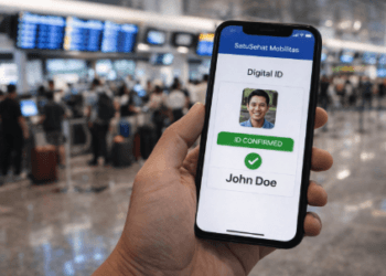 Seseorang sedang memindai kode QR SatuSehat Mobilitas di stasiun kereta api sebagai syarat mudik 2026