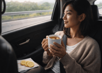 Seorang anak kecil sedang menghirup aroma jahe sebagai tips mengatasi mabuk perjalanan mudik 2026