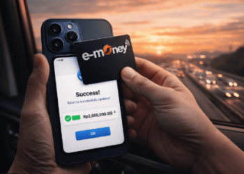 Seseorang sedang menempelkan kartu e-toll di belakang HP untuk persiapan saldo untuk arus balik