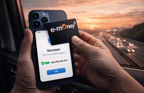 Seseorang sedang menempelkan kartu e-toll di belakang HP untuk persiapan saldo untuk arus balik