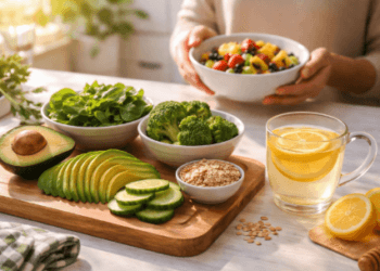 Seseorang sedang memeras jeruk nipis ke dalam segelas air hangat sebagai cara menurunkan kolesterol secara alami