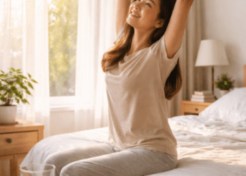 Seorang pria sedang melakukan peregangan ringan di rumah sebagai tips mengatasi kelelahan setelah mudik