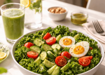 Semangkuk sayuran hijau segar dan buah-buahan sebagai menu diet sehat pasca leba