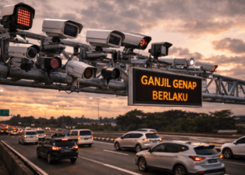 Kamera ETLE di atas jalan tol sedang memantau pelat nomor kendaraan saat arus balik 2026