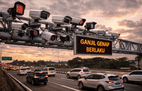 Kamera ETLE di atas jalan tol sedang memantau pelat nomor kendaraan saat arus balik 2026