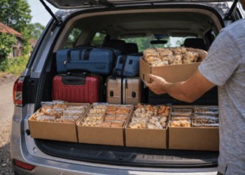 Seorang pria sedang menyusun koper dan kardus oleh-oleh di dalam bagasi mobil dengan rapi