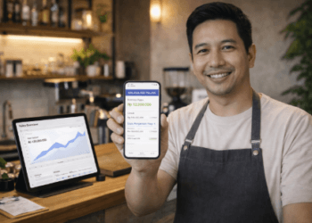 Seorang pelaku usaha sedang mencatat omzet harian untuk cara lapor pajak UMKM melalui aplikasi