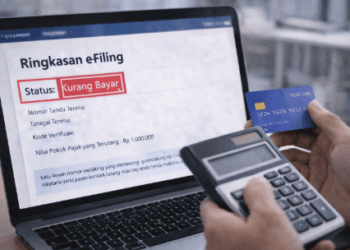 Tampilan layar e-Filing yang menunjukkan notifikasi status SPT kurang bayar berwarna merah