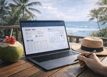 Seorang wanita sedang bersantai di tepi pantai sambil melihat kalender jadwal libur panjang Mei 2026