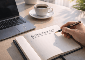 Seseorang sedang menulis rencana strategi kerja baru sebagai cara membuat resolusi karier Q2