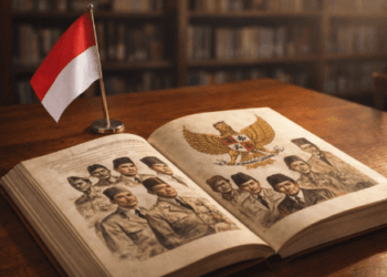 Ilustrasi bendera Merah Putih dan lambang Garuda Pancasila untuk daftar hari besar nasional