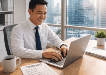 Seorang karyawan sedang fokus bekerja di depan laptop dengan segelas kopi sebagai cara menjaga produktivitas kerja