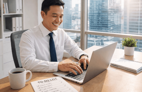 Seorang karyawan sedang fokus bekerja di depan laptop dengan segelas kopi sebagai cara menjaga produktivitas kerja