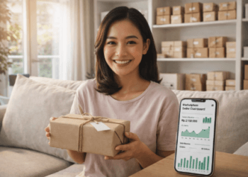 Seseorang sedang mengemas produk jualan online sebagai peluang bisnis sampingan di rumah