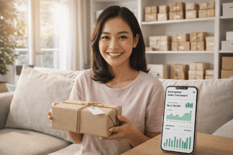 Seseorang sedang mengemas produk jualan online sebagai peluang bisnis sampingan di rumah