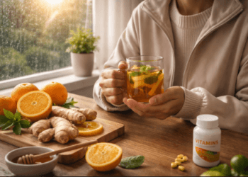 Seseorang sedang meminum segelas air hangat dengan madu dan lemon sebagai tips sehat menghadapi pancaroba