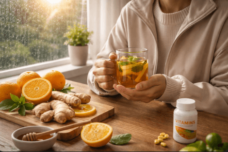 Seseorang sedang meminum segelas air hangat dengan madu dan lemon sebagai tips sehat menghadapi pancaroba