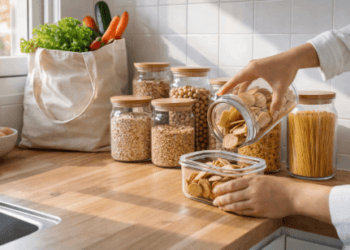 Seorang ibu sedang menata bahan makanan di toples kaca sebagai cara mengurangi sampah plastik