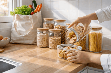 Seorang ibu sedang menata bahan makanan di toples kaca sebagai cara mengurangi sampah plastik