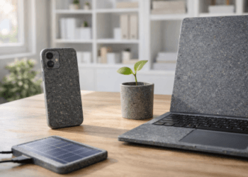 Sebuah ponsel pintar modern yang terbuat dari material plastik daur ulang laut sebagai daftar gadget ramah lingkungan