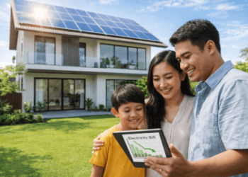 Barisan panel surya biru mengkilap yang terpasang rapi di atas atap rumah minimalis modern