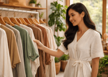 Seseorang sedang memeriksa label kain organik pada kemeja sebagai tips memilih pakaian sustainable fashion