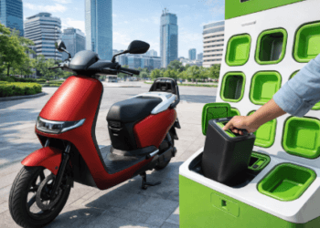 Barisan motor listrik modern buatan lokal yang sedang parkir di stasiun penukaran baterai