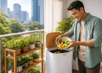 Satu unit komposter minimalis di sudut balkon apartemen sebagai cara membuat kompos sendiri