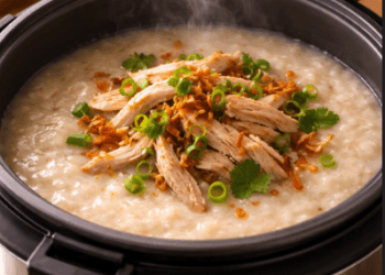 Resep bubur ayam rice cooker yang lembut dan praktis untuk pemulihan pencernaan pasca-mudik.