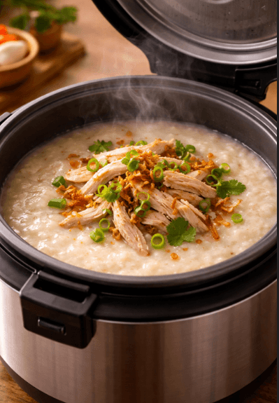 Resep bubur ayam rice cooker yang lembut dan praktis untuk pemulihan pencernaan pasca-mudik.