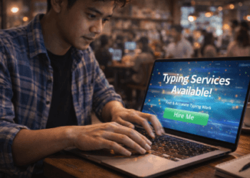 Infografis panduan tawarkan layanan ketik tugas yang menampilkan mahasiswa meraup rupiah lewat ketangkasan jari.