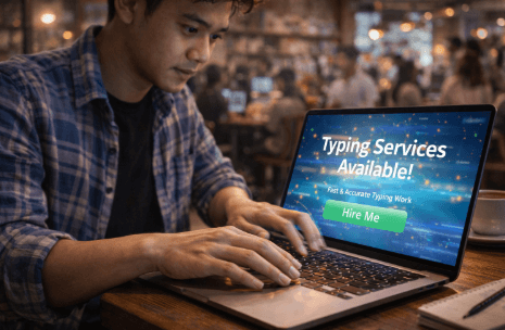 Infografis panduan tawarkan layanan ketik tugas yang menampilkan mahasiswa meraup rupiah lewat ketangkasan jari.