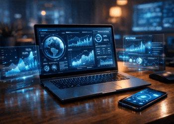 Visualisasi tips dan trik teknologi 2026 dengan ruang kerja masa depan yang terintegrasi AI.