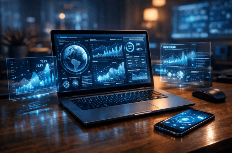 Visualisasi tips dan trik teknologi 2026 dengan ruang kerja masa depan yang terintegrasi AI.