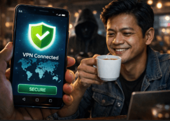 Infografis cara aman akses WiFi publik yang menampilkan perlindungan VPN saat warga nongkrong minum kopi.