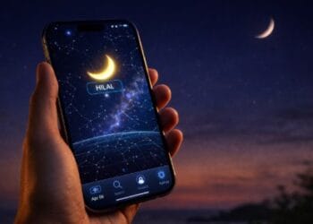 Tampilan layar smartphone menunjukkan posisi bulan sabit pada aplikasi melihat hilal 2026